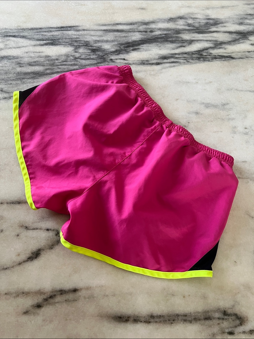 Nike Women's Bright Pink Running Shorts with Neon Yellow Trim - Picture 3 of 3